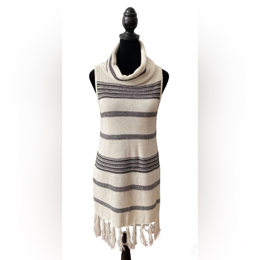 BB Dakota: Cream Aztec Poncho Dress with a Cowl Neck and Horizontal Stripes
